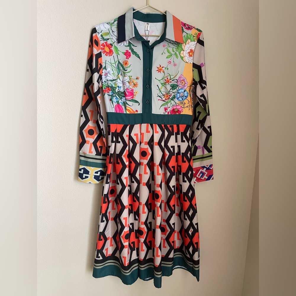 Lai Meng Five Cats Mixed Print Button Down Midi Dress